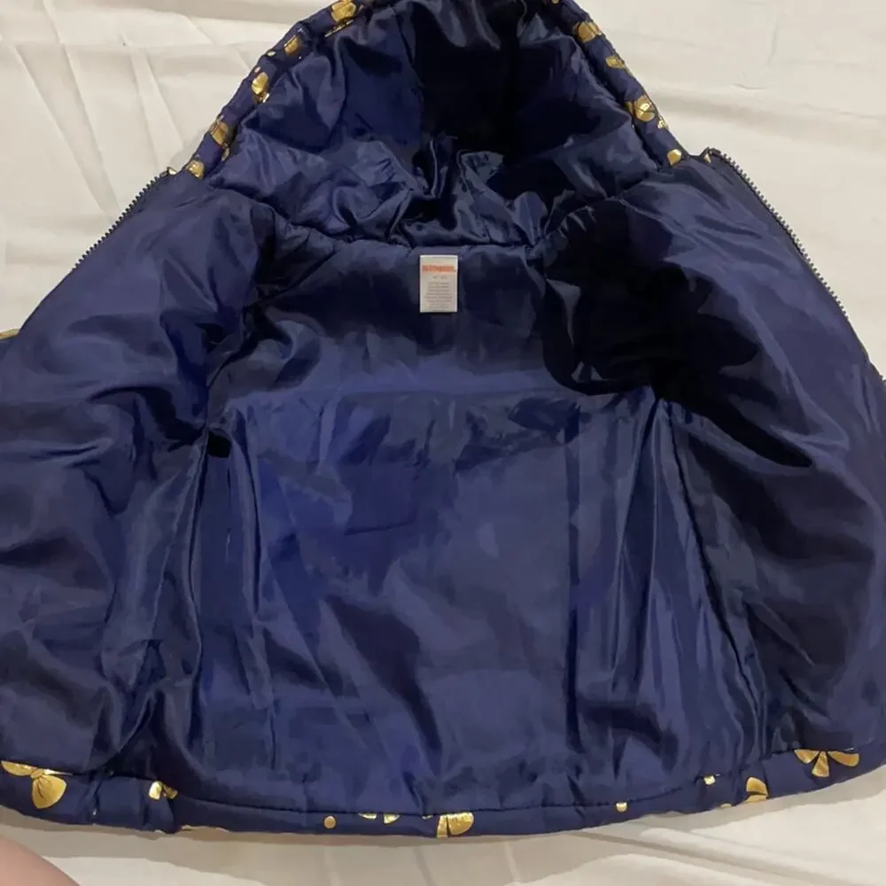 Gymboree S 5/6 navy blue gold bow hooded puffer jacket w/pockets etc
